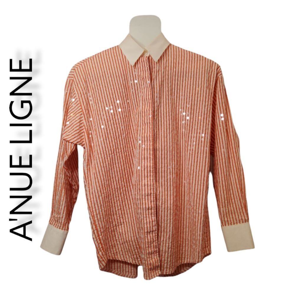 A'nue Ligne Women's Long Sleeve Button Up Sequined Top Size Petite L